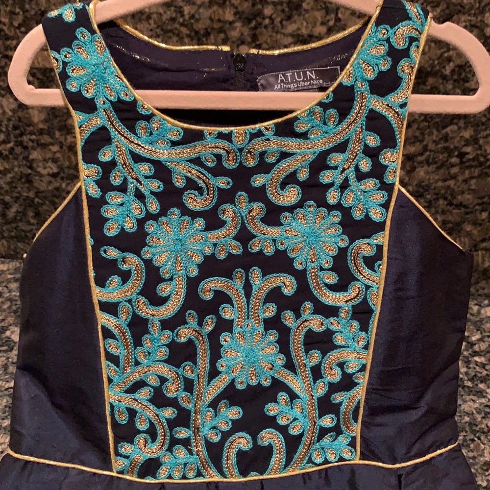 Beautiful Navy Dress with Gold Trimming